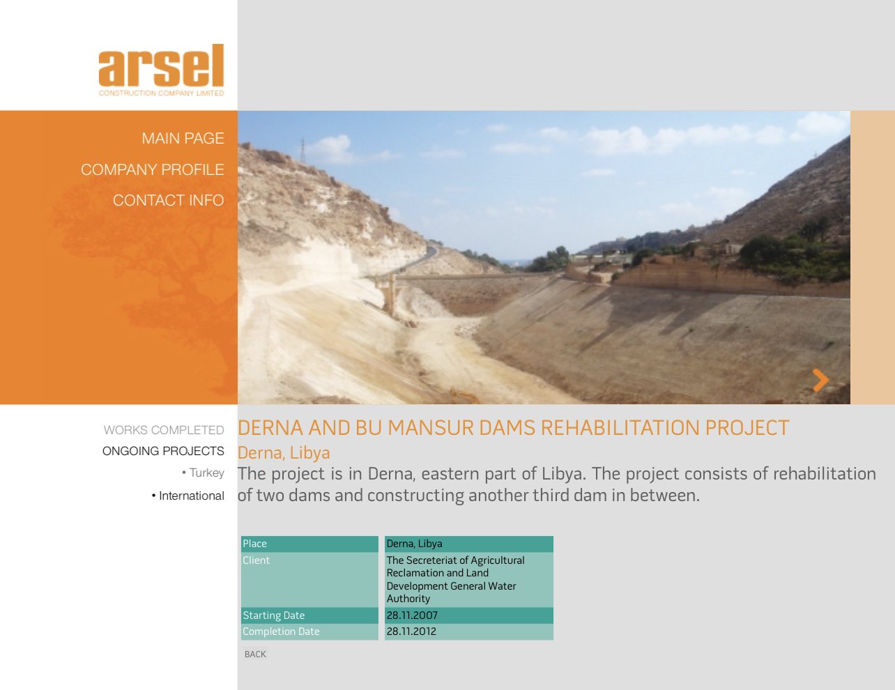 Capture d’écran du site web d’Arsel, aujourd’hui disparu, qui indique que les travaux sur les barrages ont été achevés en 2012